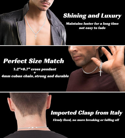 S925 Sterling Silver Thick Cross Necklace for Men, 18K Gold Plated Sterling Silver Cross Necklace with World'S Top 4Mm Cuban Chain for Men Boys Women, Minimalist Trendy Necklaces 16-26 Inch
