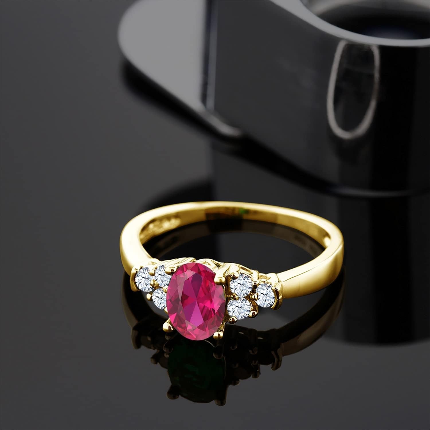 18K Yellow Gold Plated Silver Red Created Ruby and White Topaz Women Ring (0.74 Ct Oval, Available in Size 5, 6, 7, 8, 9)