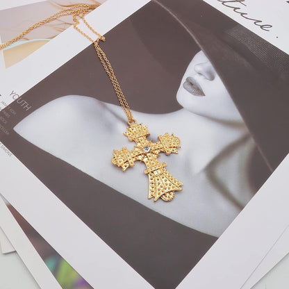 Retro Big Cross Pendant Necklace for Women Men,18K Gold Silver Baroque Crystal Zircon Large Cross Necklace Bar Party Jewelry
