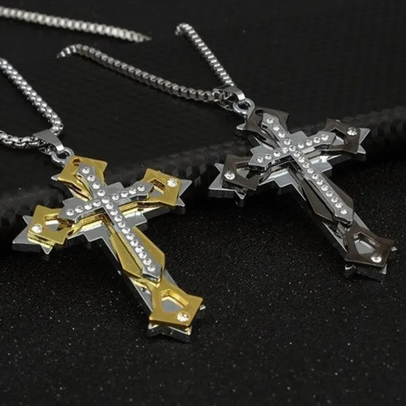Fashion Men's Creative Diamond Cross Necklace Double Pattern Jesus Cross Pendant Hip Hop Necklaces for Men Cross Jewelry Religious Belief Amulet Birthday Anniversary Gift