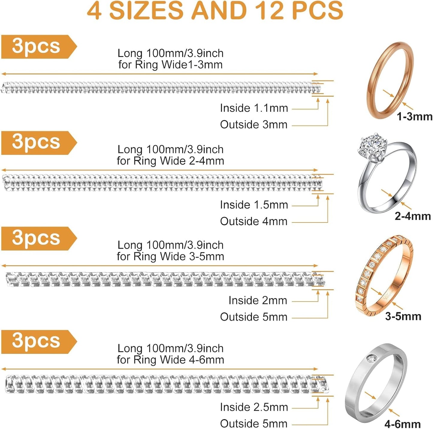 Ring Sizer Adjuster for Loose Rings, 12 Pack 4 Sizes Invisible Clear Silicone Ring Guard for Women Men, Ring Resizer Tightener Spacer Fitter for Too Big Ring, Make Ring Smaller without Resizing