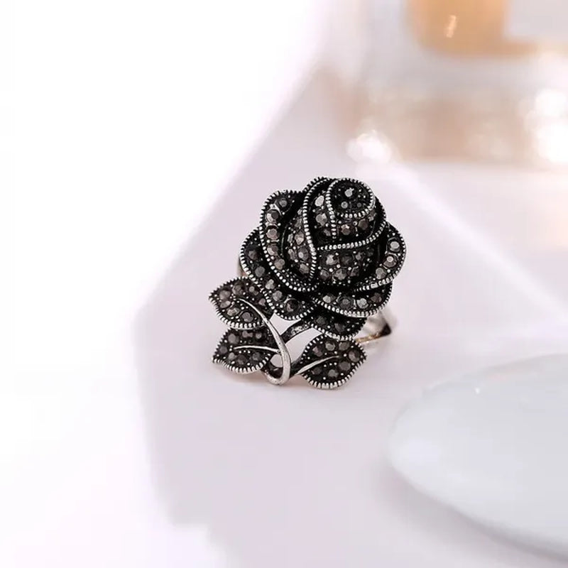 Retro Black Rose Flower Ring Marcasite Stones Paved Silver ring size 6 - 10