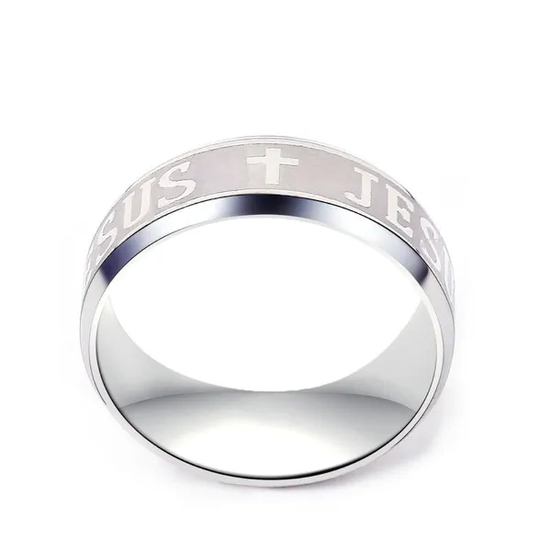 QianBei 8MM Titanium Stainless Steel Ring Silver Size 6 7 8 9 10 11 12 Men Women Cross I LOVE JESUS Valentine Wedding Engagement Party Anniversary Cocktail Xmas Gift