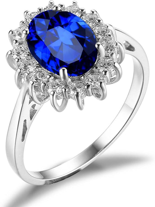 Princess Diana Kate Middleton Class Gemstone Birthstone Sapphire Halo Engagement Rings for Women, Anniversary 14K White Yellow Rose Gold Plated 925 Sterling Silver Promise Rings for Her