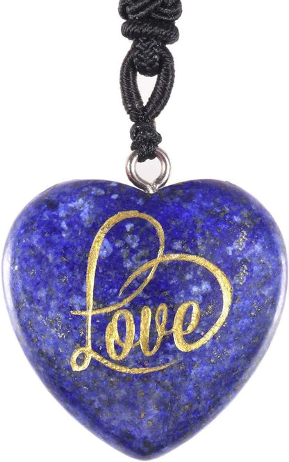 Carved LOVE Heart Stone Pendant Necklace for Women Men, Healing Crystal Point Necklaces for Unisex, Adjustable 18"-26" Strand, Pack of 2