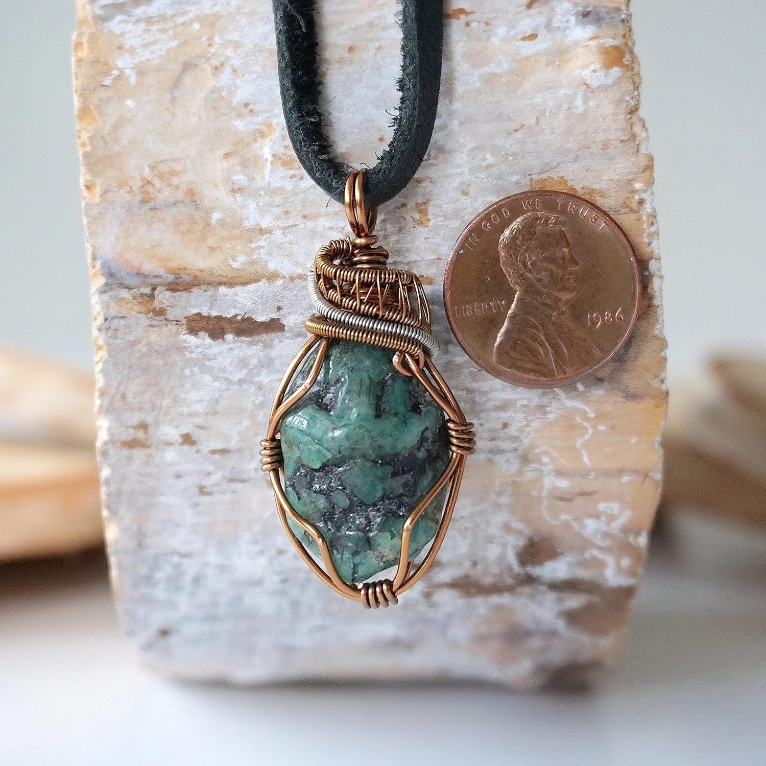 NEW  Handmade Emerald Necklace 24 Inch Black Leather Cord Antique Bronze, May Birthstone Jewelry, Handmade in North America