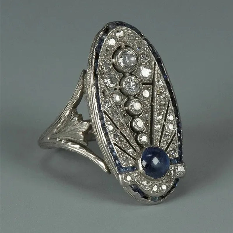 Antique 925 Silver Rings for Women Blue Sapphire Diamond Engagement Ring Vintgae Jewelry