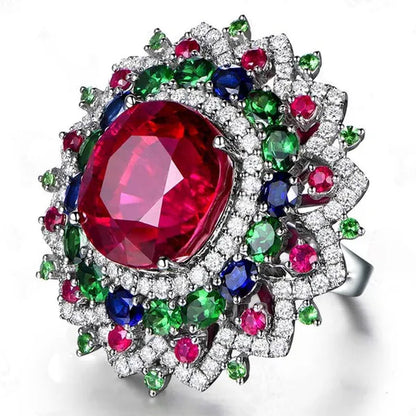 Luxurious  Silver Natural Gemstones Ruby And Emerald and Sapphire White Sapphire Wedding Birthstone Bride Engagement Flower Ring Jewelry Size 6 7 8 9 10