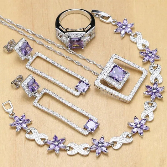 Natural 925 Silver Jewelry Sets Purple Amethyst White Crystal Decoration for Women Earrings/Pendant/ Rings/Bracelet/Necklace Set