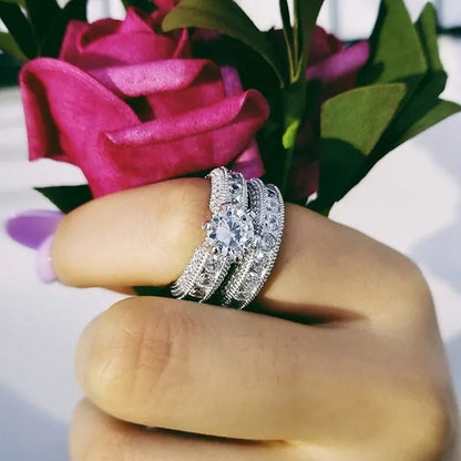 2Pcs/Set Rings for Women 925 Sterling Silver Natural Sapphire Geometric Rings for Women AAA Zircon Diamond Ring Princess Wedding Wedding Ring Set Birthday Valentine'S Day Gift Accessories Jewelry