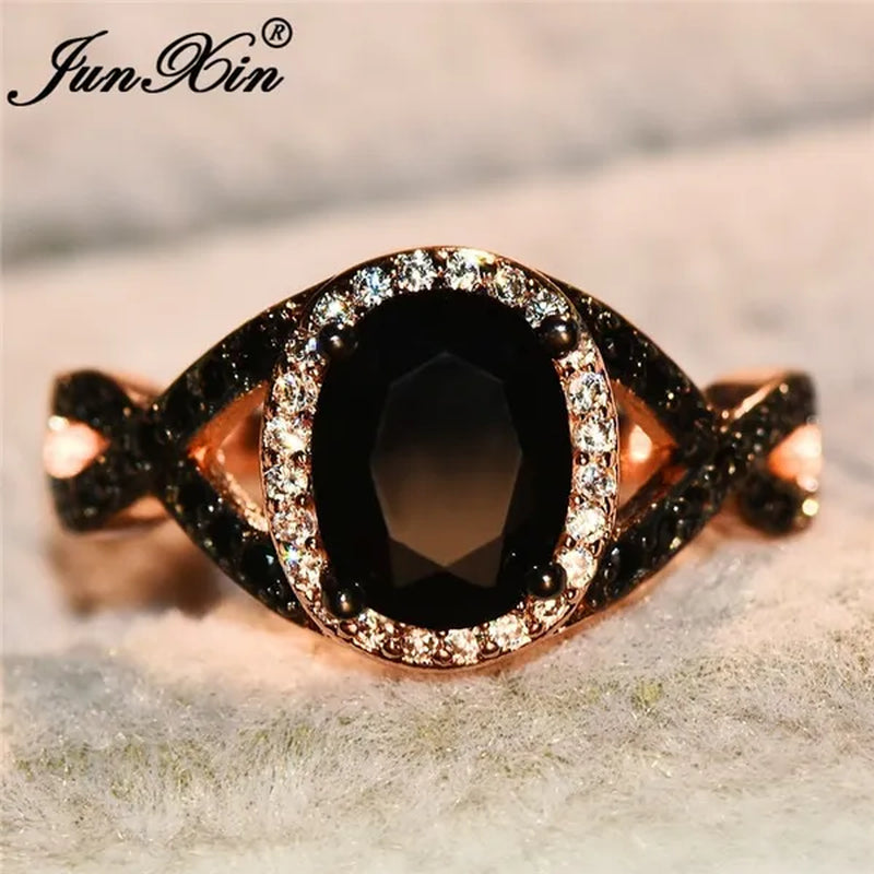 Exquisite Rose Gold Plated Large Oval Stone X Ring Women Filled Black Zircon Crystal Zircon Ring Female Wedding Ring Mother New Year Gift Princess Bride Engagement Wedding Ring Jewelry Size 4 5 6 7 8 9 10 11