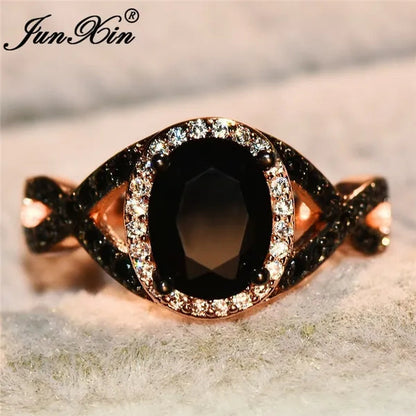Exquisite Rose Gold Plated Large Oval Stone X Ring Women Filled Black Zircon Crystal Zircon Ring Female Wedding Ring Mother New Year Gift Princess Bride Engagement Wedding Ring Jewelry Size 4 5 6 7 8 9 10 11