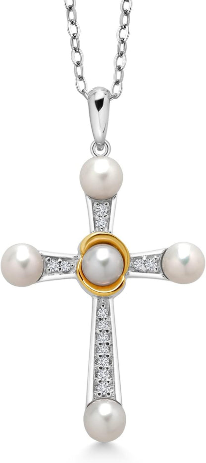 925 Silver and 10K Yellow Gold Cultured Freshwater Pearl and Lab Grown Diamond Cross Pendant Necklace for Women (0.10 Cttw, round 4-4.5MM Pearls, 18 Inch Chain)