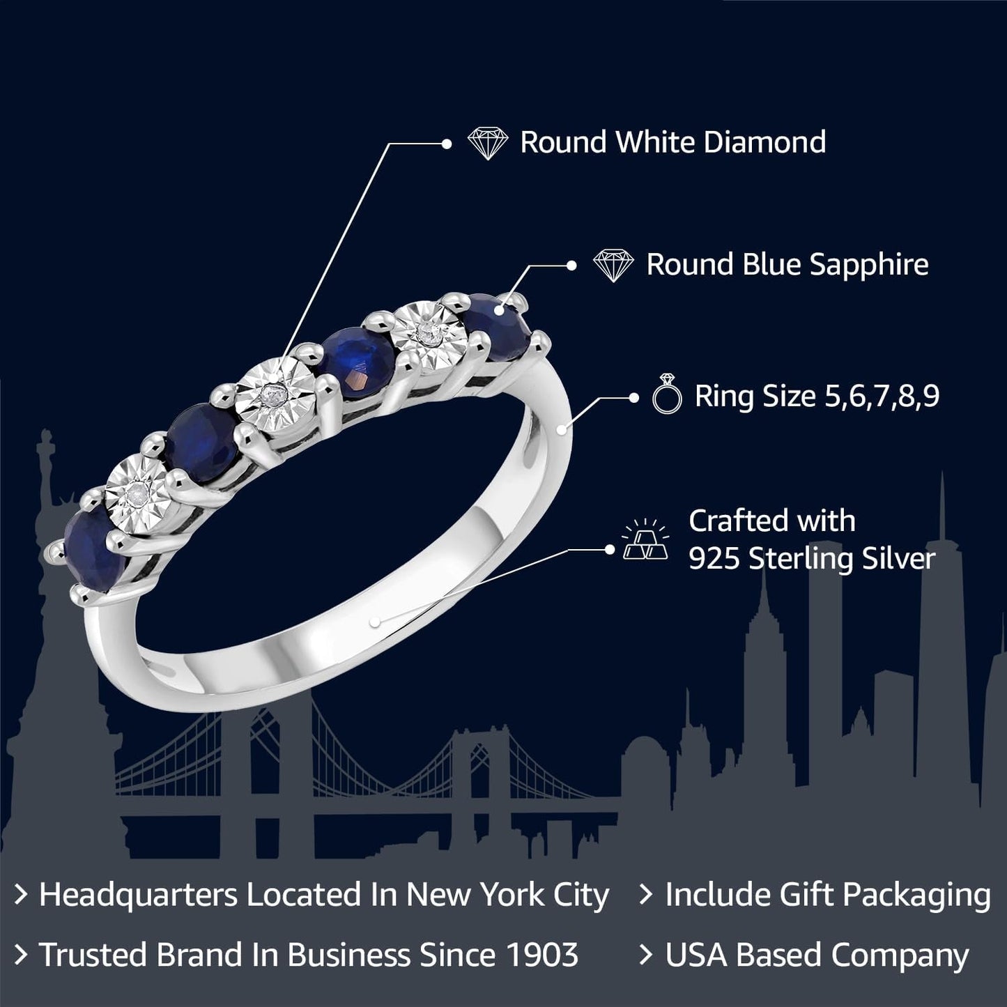 925 Sterling Silver Blue Sapphire & White Diamond Engagement Ring for Women | Wedding Ring for Women | Available in Size 5, 6, 7, 8, 9