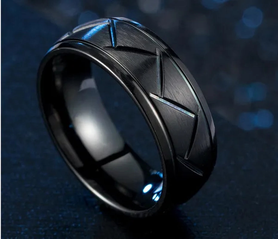 Fashion Creative Black Silver Groove Cut Ring Diagonal Arc Solid Color Ring Engagement Ring Anniversary Gift
