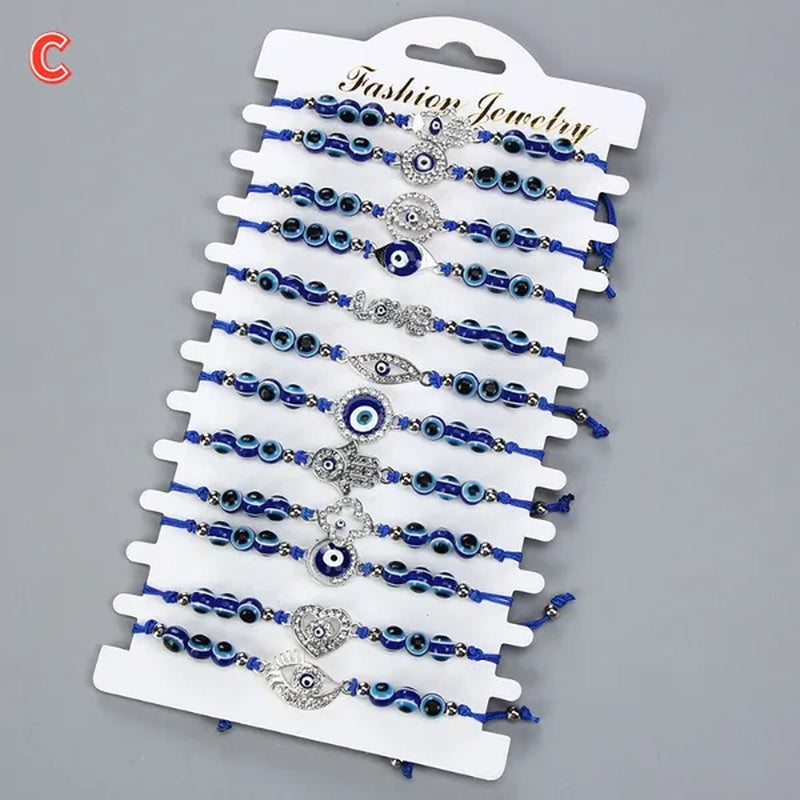 12 Pcs/Set Bohemian Handmade Braided Rope Charm Bracelets Rhinestone Blue round Beads Evil Eye Bracelet for Women Men Friendship Jewelry Gifts