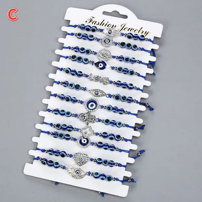 12 Pcs/Set Bohemian Handmade Braided Rope Charm Bracelets Rhinestone Blue round Beads Evil Eye Bracelet for Women Men Friendship Jewelry Gifts