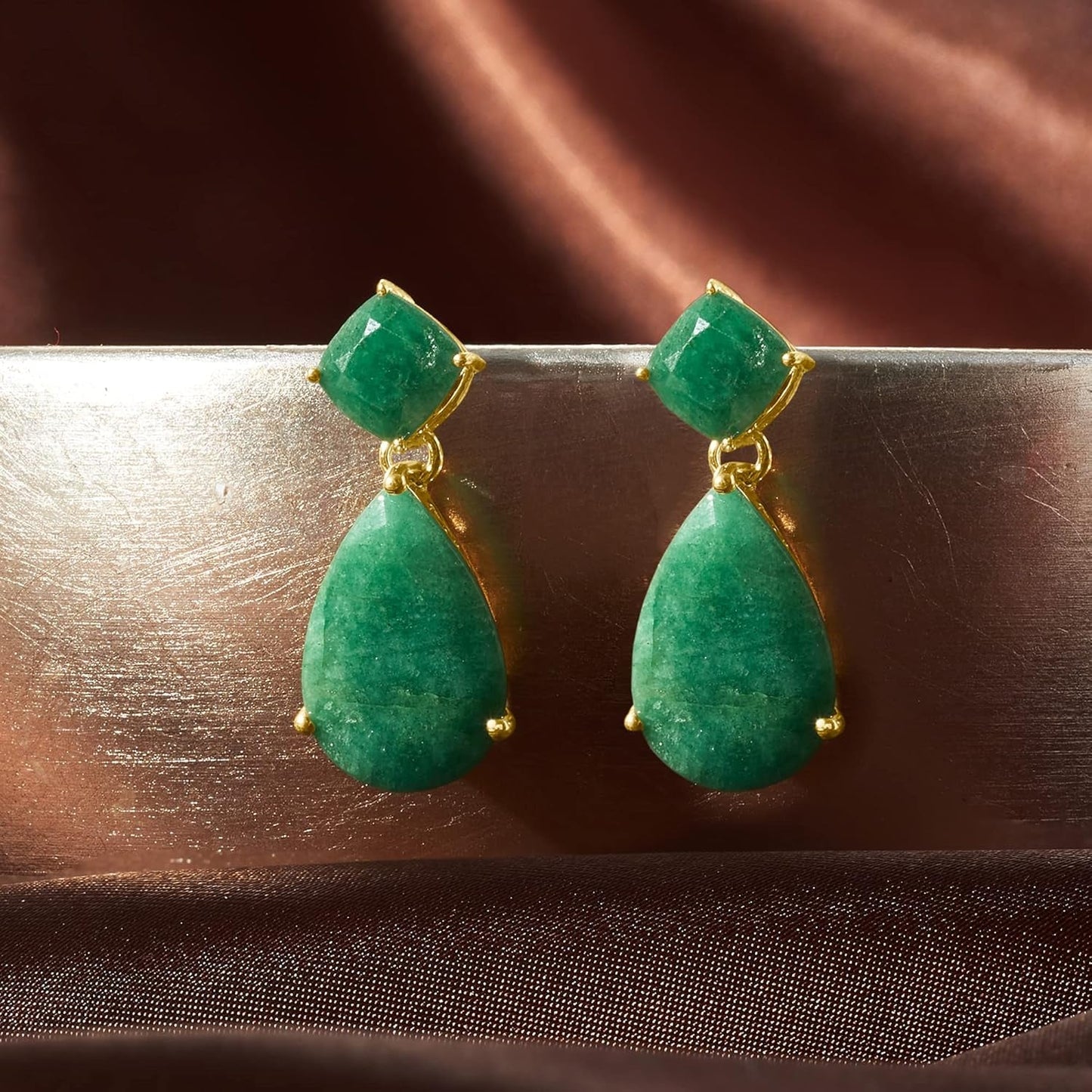 19.20 Ct. T.W. Emerald Drop Earrings in 18Kt Gold over Sterling