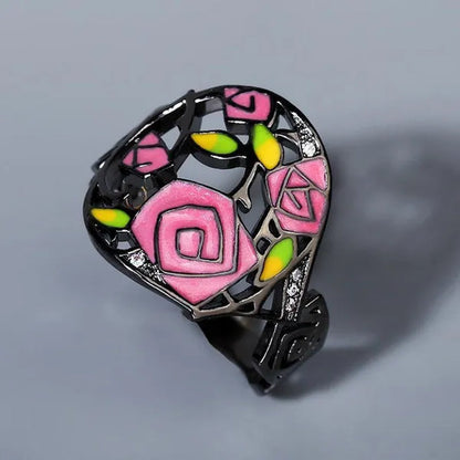 Fashion Personality Black Rose Lady Flower Ring 925 Silver Jewelry Hand-Painted Oil Painting Handmade Enamel Ring Women Jewelry