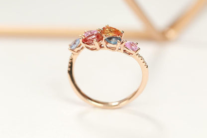 10K Yellow Gold Multi Sapphire Ring with Diamonds for Women | Ethically, Authentically & Organically Sourced (Pear-Cut) Shaped Sapphire Hand-Crafted Jewelry for Her | Sapphire Ring for Women
