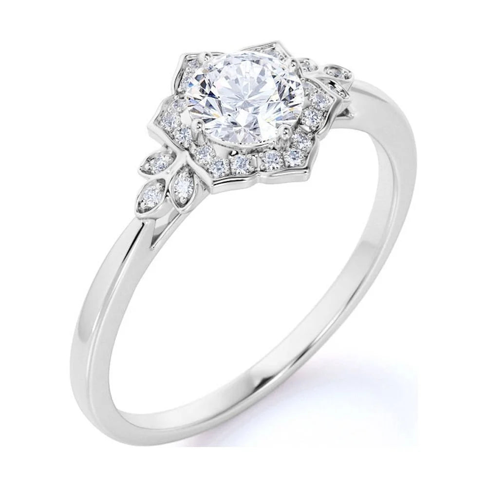 1.75 Carat round Cut Moissanite and Diamond Vintage Art-Deco Engagement Ring in 10K White Gold