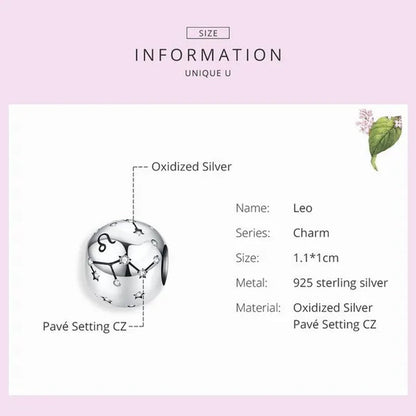 European Hot 12 Constellation Zodiac Round 925 Sterling Silver Beads Charm for Women Bracelet  Shining CZ Charm Fit Original Bangle Necklace DIY Jewelry Making
