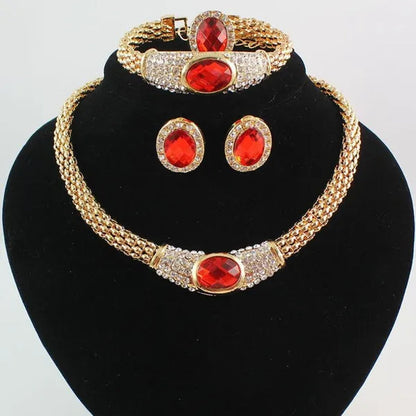 Women Gold Plated Crystal Gem Necklace Wedding Party Jewelry Sets 4 Colors