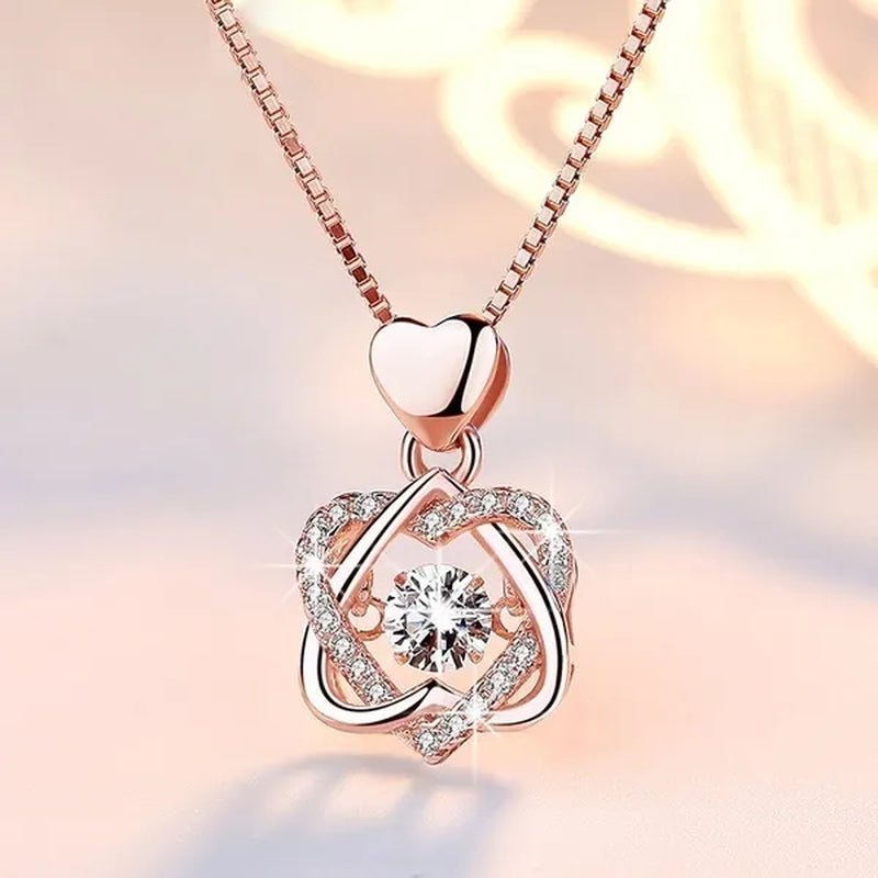 Fashion Romantic Double Heart Diamond Heartbeat Necklace Sapphire Flower Pendant Necklace with Zircon Rose Necklace for Women Engagement Jewelry