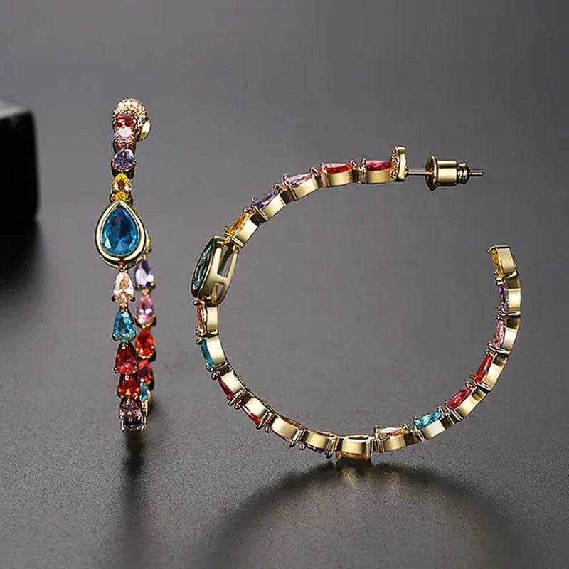 CANDICE Gorgeous Multi Color Crystal round Hoop Earrings with Brilliant Water Drop AAA Cubic Zirconia Big Circle Earring for Women Party Jewelry