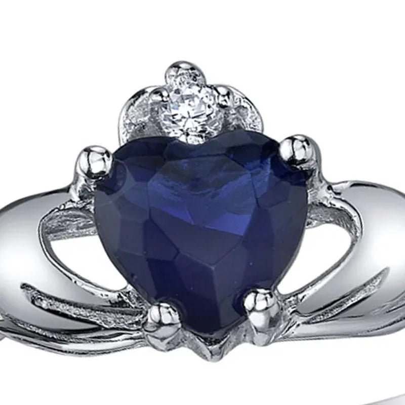 Women's Sterling Silver 925 Irish Claddagh Friendship Love Simulated Sapphire Blue Heart Cubic Zirconia Ring