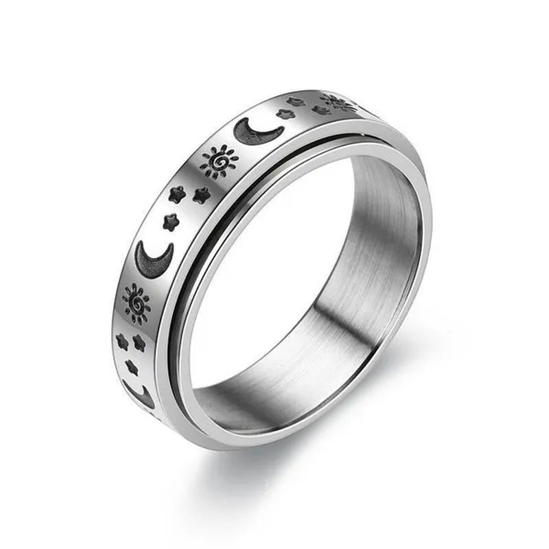 Couple Rings Rotatable Fidget Rings Stainless Steel Sun Moon Star Dot Waves Cat Pattern Spinner Ring Jewelry Gift for Women Men Boyfriend Girlfriend