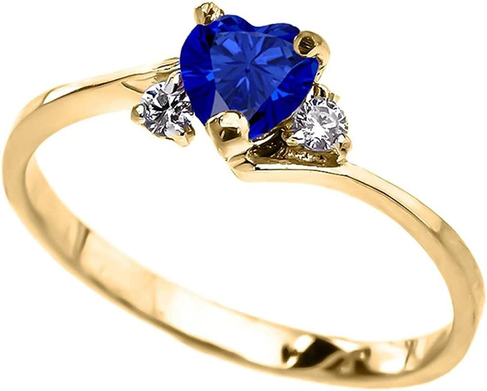 10K Yellow Gold Heart Cut Lab Grown Blue Sapphire & White Cubic Zirconia Three Stone Bypass Band September Birthstone Engagement Ring