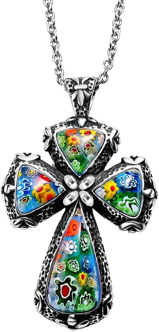 Shop LC Colorful Rainbow Cross Necklace for Women Christian Jewelry Black Oxidized Murano Style Millefiori Glass Flower Enameled Stainless Steel Cross Chain Size 20" Birthday Gifts for Women