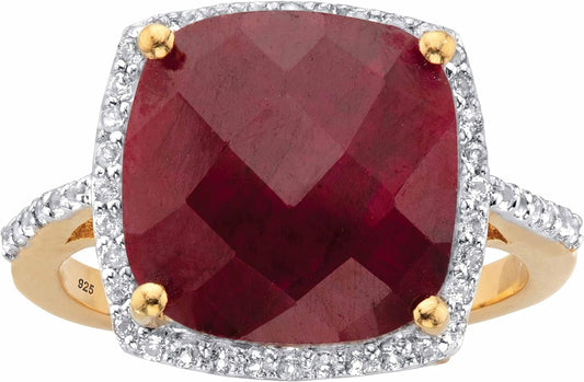 Palmbeach Jewelry Yellow Gold-Plated or Sterling Silver Cushion Genuine Red Ruby and round Genuine Topaz Halo Ring