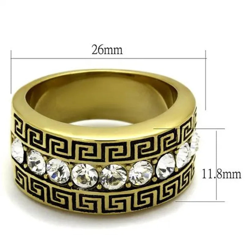 Men's 14K Gold Plated Stainless Steel Simulated Diamond Greek Key Ring Size 8-13