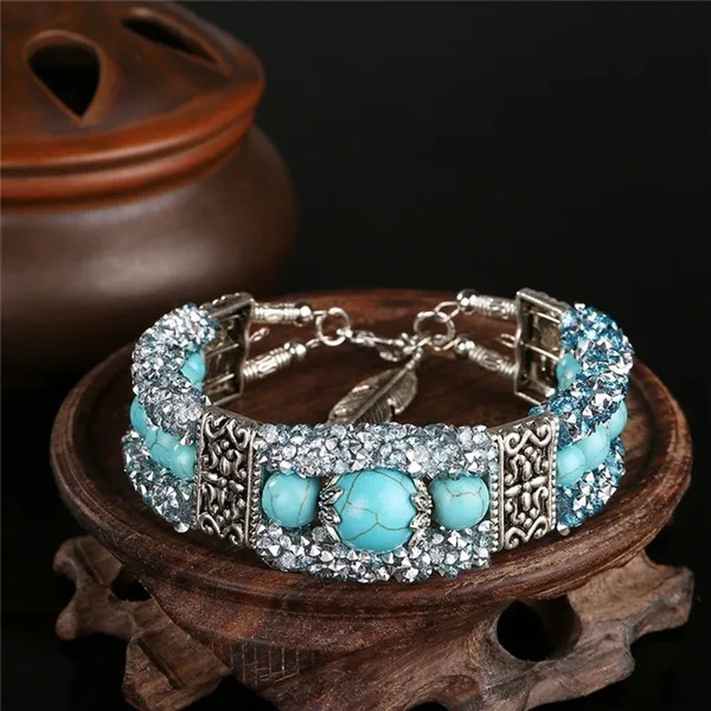 Vintage Tibetan Silver Feather Turquoise Beads Bracelet Bangle Crystal Diamond Turquoise Bangle Women Jewelry Gift