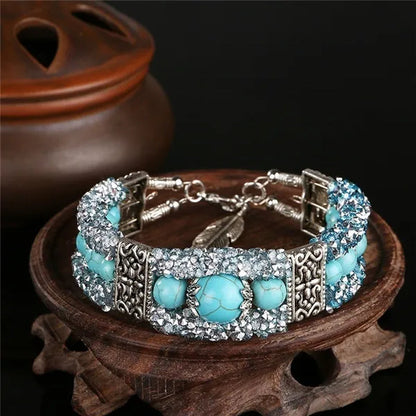 Vintage Tibetan Silver Feather Turquoise Beads Bracelet Bangle Crystal Diamond Turquoise Bangle Women Jewelry Gift