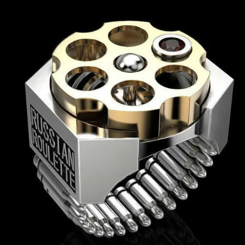 Creative Gifts Hardcover Design Nano Craft Stainless Steel Ring Plated Two Colors Gold and Silver Revolver Bullet Roulette Ruby Jewelry Father's Day Anniversary Gift Banquet Party Band Ring for Boyfriend Husband Size 6-13