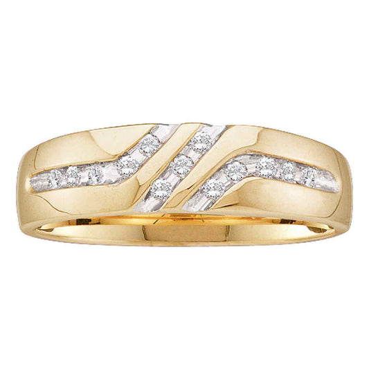 10Kt Yellow Gold Mens round Channel-Set Diamond Triple Row Wedding Band Ring 1/8 Cttw