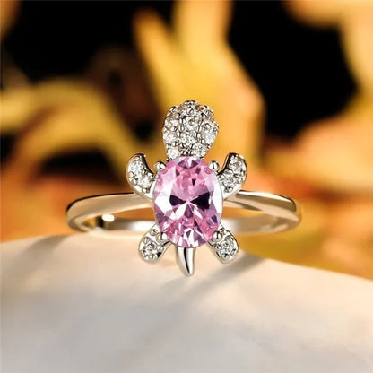 Rainbow Stone Turtle Rings Cute Animal Sea Turtle Ring White Sapphire Diamond Ring Ocean Style Turtle Aquamarine Crystals Rings for Women and Men Birthday Party Anniversary Gift Wedding Engagement Ring Jewelry 14 Colors Size 5-11