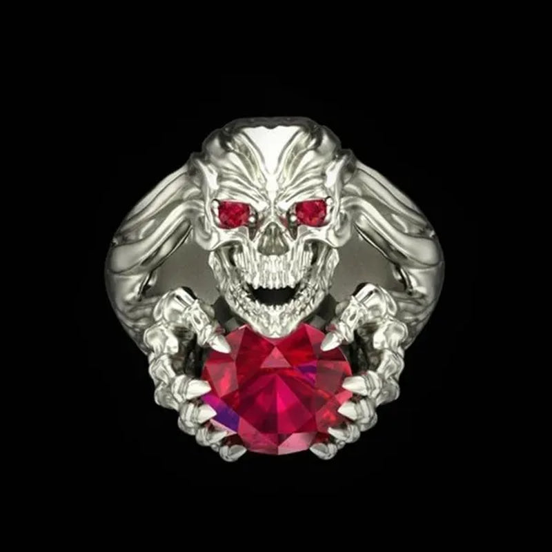 Vintage 925 Silver Ring Punk Ring Skull Red Gem Ring Fashion Domineering Man Ring Size US 6-13