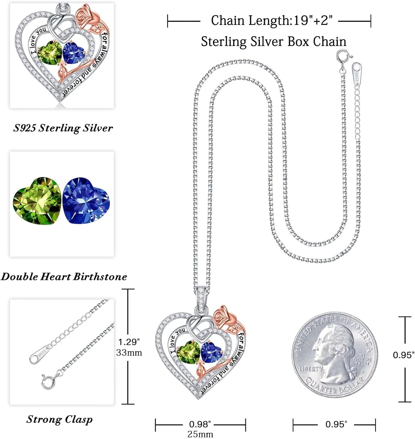 Rose Heart Necklaces Gifts for Her - 925 Sterling Silver Rose Heart Birthstone Necklace Anniversary Birthday Gifts Jewelry Valentines Mothers Day Gifts for Women Wife Girlfriend Mom
