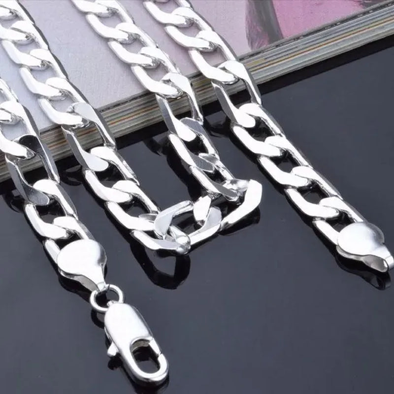 European and American Fashion 925 Sterling Silver Italian Curb Link Chain Necklace Bracelet 925 Silver High Quality Jewelry Sets for Women and Men