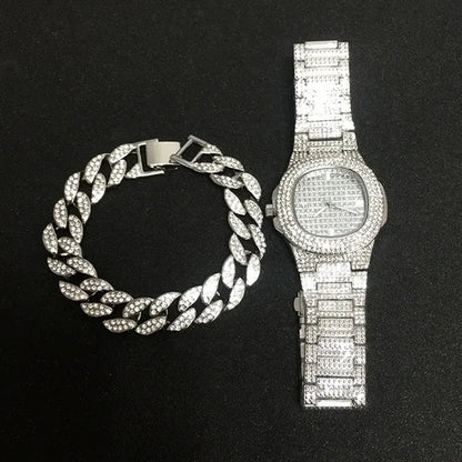 Necklace +Watch+Bracelet Hip Hop Miami Curb Cuban Chain Iced Out Paved Rhinestones CZ Bling Rapper For Men Jewelry