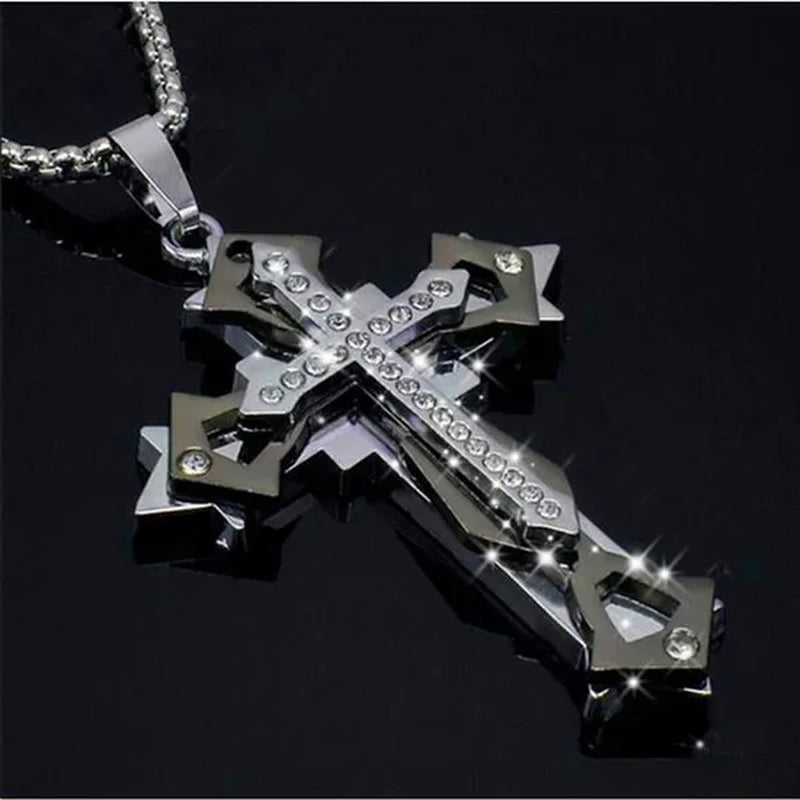 Fashion Men's Creative Diamond Cross Necklace Double Pattern Jesus Cross Pendant Hip Hop Necklaces for Men Cross Jewelry Religious Belief Amulet Birthday Anniversary Gift