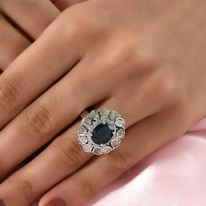 Shop LC Gifts 925 Sterling Silver 4.2 Ct Oval Ratanakiri Blue Zircon Birthstone Real Polki Diamond Cocktail Halo Ring Platinum Plated Engagement Anniversary Wedding Bridal For Her Size 6