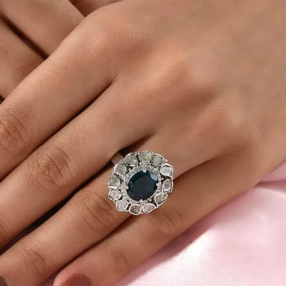 Shop LC Gifts 925 Sterling Silver 4.2 Ct Oval Ratanakiri Blue Zircon Birthstone Real Polki Diamond Cocktail Halo Ring Platinum Plated Engagement Anniversary Wedding Bridal For Her Size 6