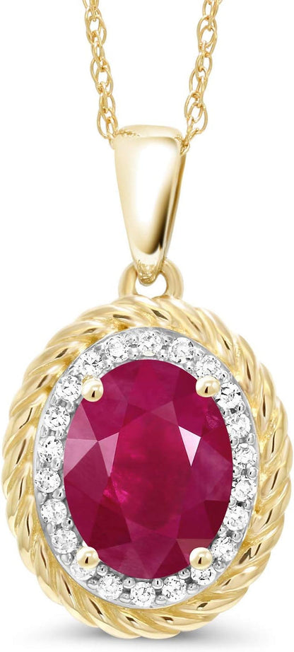 14K Yellow Gold Gemstone Birthstone and White Diamond Necklace | Oval 8X6MM | Gold Necklace for Women | with 18 Inch Chain