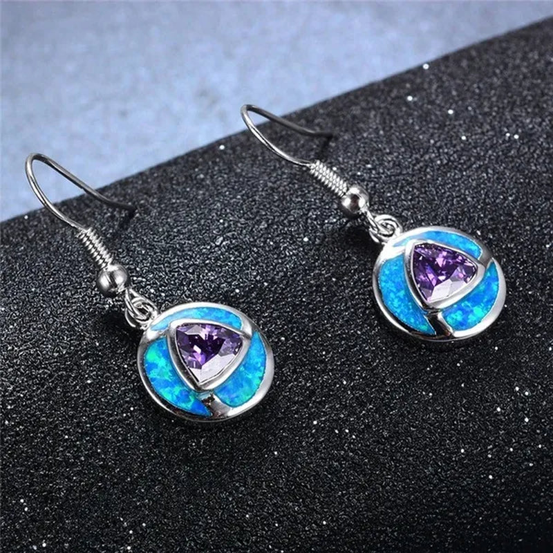 Boho Unique Round Blue Fire Opal 925 Sterling Silver Drop Earrings Amethyst Zircon Female Wedding Party Earrings Best Gift