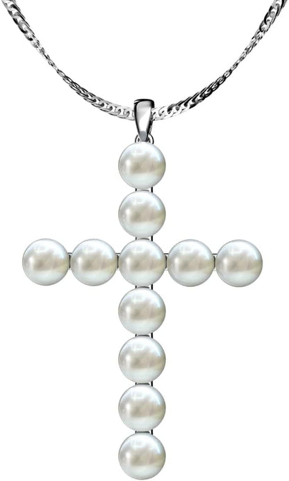 Freshwater Pearl Cross Necklace - Adjustable 20" Pearl Cross Pendant - Silver Christian Jewelry - Faith Jewelry Gift for Christmas, Wedding, Anniversary